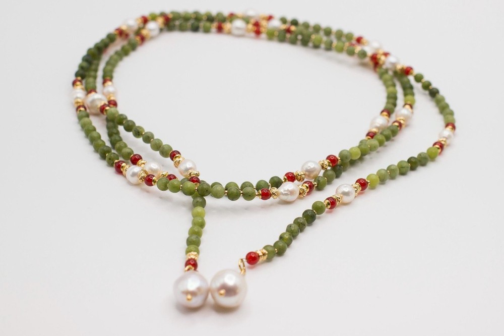 Green Aventurine & White Pearl Lariat Necklace Gold Baroque Pearl Kundan Sautoir
