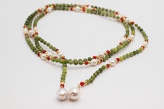 Green Aventurine & White Pearl Lariat Necklace Gold Baroque Pearl Kundan Sautoir