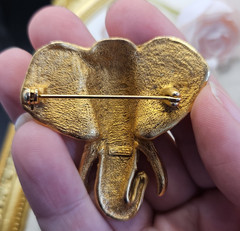 Vintage Elephant Brooch Pin Brushed Gold Tone Enamel Tusks Signed Animal Figural