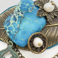 Artisan Brooch Variscite Stone & Freshwater Pearls Brass Leaf Leather Steampunk