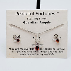 Red Rhinestone Guardian Angel Necklace Earring Set with Card Vintage 1990s