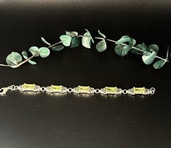 Vintage Sterling Silver 925 Lemon Lime Quartz Crystal Artisan Link Bracelet 6.5″