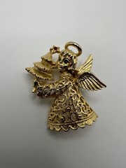 Antique Gold Angel Christmas Tree Blue Rhinestone Brooch 4.5cm BB2