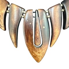 Vintage Artisan Necklace Horn Chunky Geometric Wood Tribal Silver Tone 17 inches