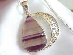 Large Sterling Silver 925 Fluorite Crescent Moon Pendant Necklace