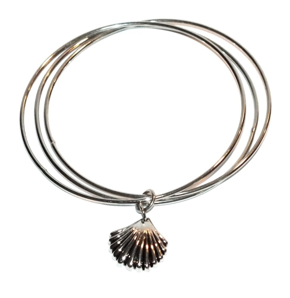 Silver Tone Bangle Bracelet 3 Bracelets Shell Charm Nautical Themed Jewelry J503