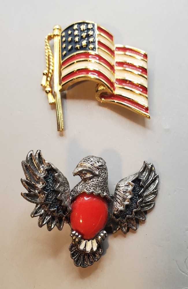 2 Signed Vtg Enamel Brooches: NAPIER U.S. Flag, GERRYS Patriotic Eagle