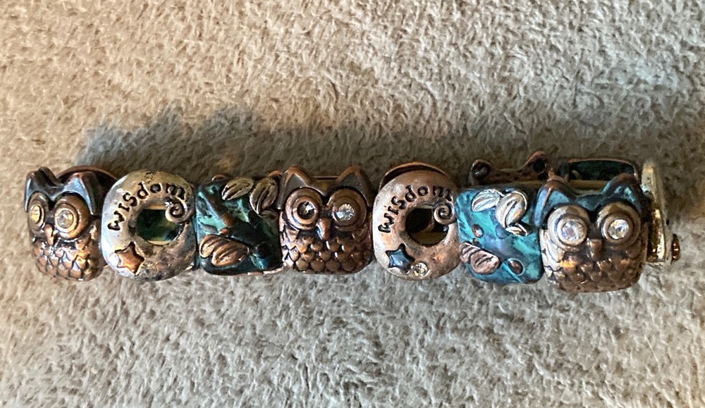 Winky OWL Costume Jewelry Linked Bracelet Stretchable Wisdom Rhinestone Eyes