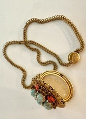 Unique Miriam Haskell Gold Tone Oval Locket Pendant Necklace Turquoise Signed