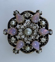 Vintage MCM Tear Drop Opal Art Glass Faux Pearl & Rhinestone Goldtone Brooch