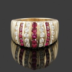 Solid 14K Yellow Gold, Seven Row 1.35 CTW Ruby & Diamond Cigar Band Estate Ring