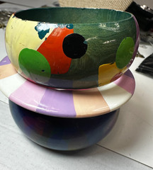 Vintage Bracelet Cuff Bangle Wood Painted 3 Piece Chunky Colorful