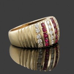 Solid 14K Yellow Gold, Seven Row 1.35 CTW Ruby & Diamond Cigar Band Estate Ring