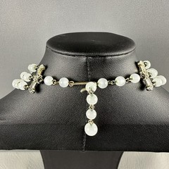 Vintage Beaded Necklace 3 Strand White Lucite AB Crystal Gold Fleck 15″
