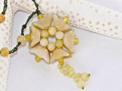 Vintage Yellow Jade Beaded Flower Pendant Necklace Tassel Green Silk Rope Pretty