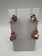 2 Pairs Pink AB Aurora Borealis Crystal Dangle Drop Clip-on Earrings Vtg