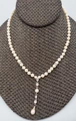 Vintage Faux Pearl Y Necklace Knotted Glass Bead Choker Rhinestone Teardrop Hook