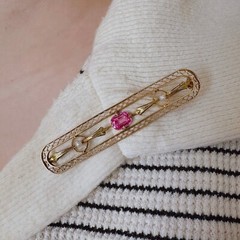 Edwardian 10k Yellow Gold, Pink Sapphire, and Pearl Brooch