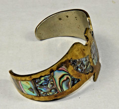 Vintage Mexican Thunderbird Brass Cuff Bracelet Abalone Shell Inlay 1960s