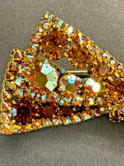 Vintage 1960s Amber & Topaz Rhinestone Bow Brooch and Clip-On Earrings Set