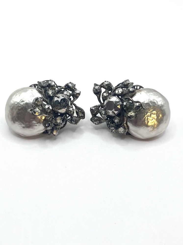 Miriam Haskell Large Signed Baroque Pearl Rhinestone Clip Earrings Vintage