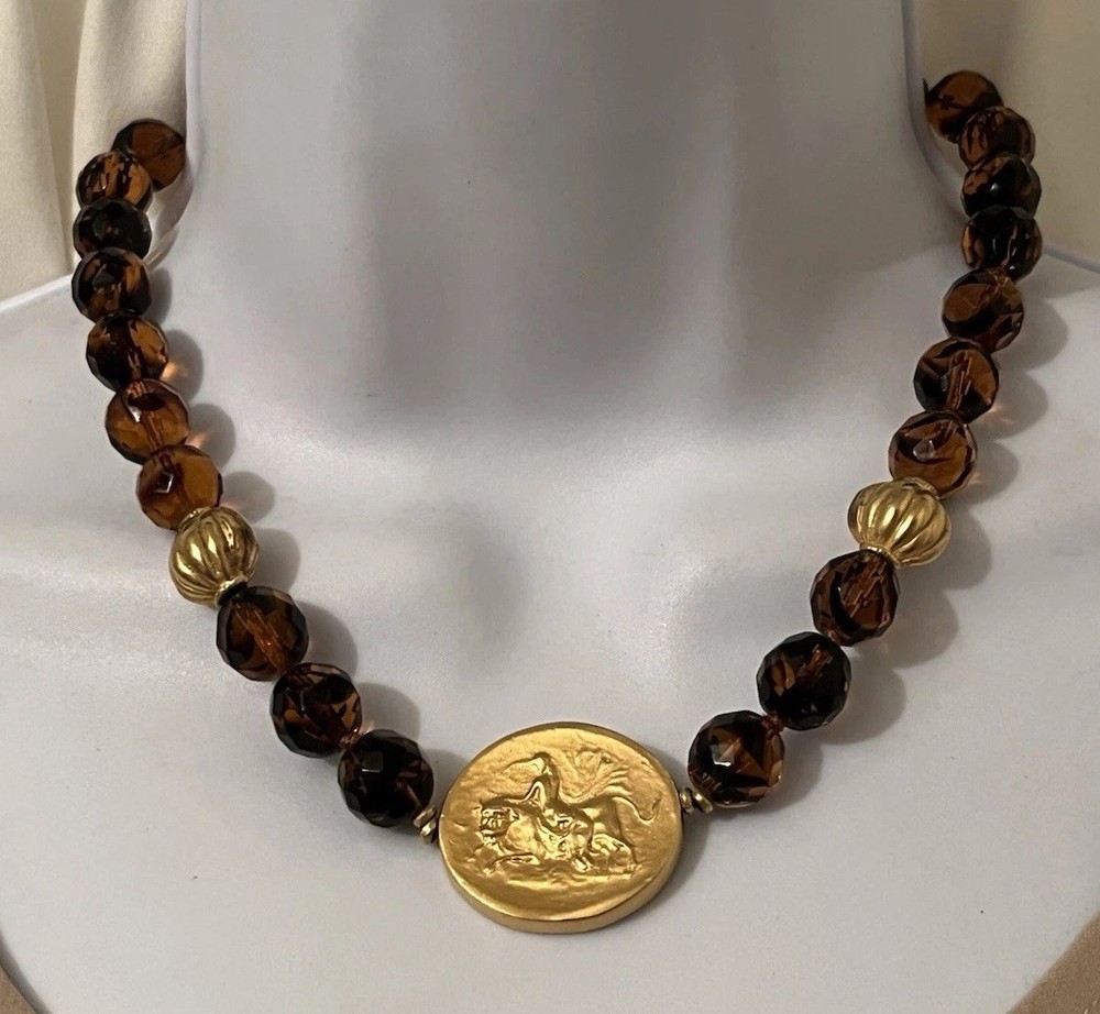 JADED Jewels NY Signed Etruscan Roman Coin Revival Glass Beaded Pendant Necklace