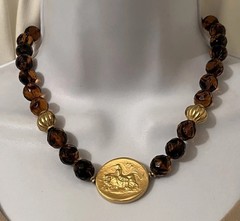 JADED Jewels NY Signed Etruscan Roman Coin Revival Glass Beaded Pendant Necklace