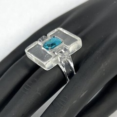 Modernist Lucite Ring Clear Blue Rhinestone Size 7.75-8 Chunky Post Modern
