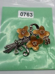 Vintage Pot Metal Brooch Flowers Orange Enamel Rhinestone