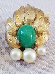 Vtg Gold Jade Glass Faux Pearl Green Mogul 3 Strand Necklace Earrings Set