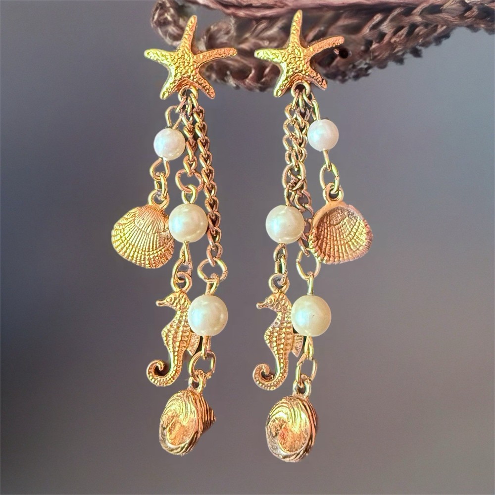 Starfish Earrings Seahorse Shell Dangle Vintage Gold Tone Faux Pearl Pierced