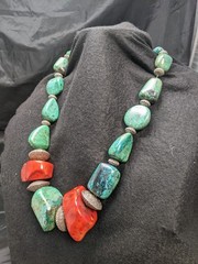 Large Vintage Sterling Silver Chunky Natural Turquoise & Coral 26in Necklace