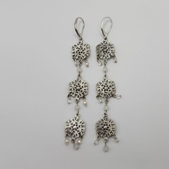 N A Clear Rhinestone & Bead Silver Tone Floral Dangle Earrings