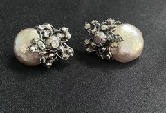 Miriam Haskell Large Signed Baroque Pearl Rhinestone Clip Earrings Vintage