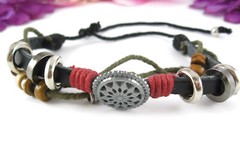 BOHO Wood Beads Silvertone Metal Round STAR Beaded THREE Strands Cording 11″