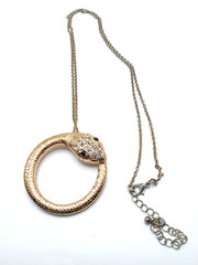 Vtg Snake Eating Its Tail Circle Pendant Gold Tone Rhinestones on 29 In Chain