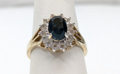 VTG ESPO 14k GE Blue Topaz Glass Prong Set Halo Ring Gold Tone Size 7