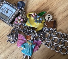 RARE Kirk’s Folly Silver Tone Watch/bracelet Dangles Fairies Tea Pots Tea Cups