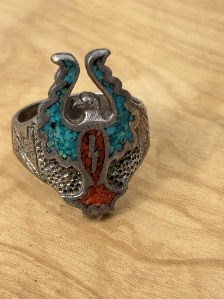 Vintage G&S 1986 Ring Silver Tone Native American Turquoise Thunderbird Unk Size
