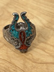 Vintage G&S 1986 Ring Silver Tone Native American Turquoise Thunderbird Unk Size