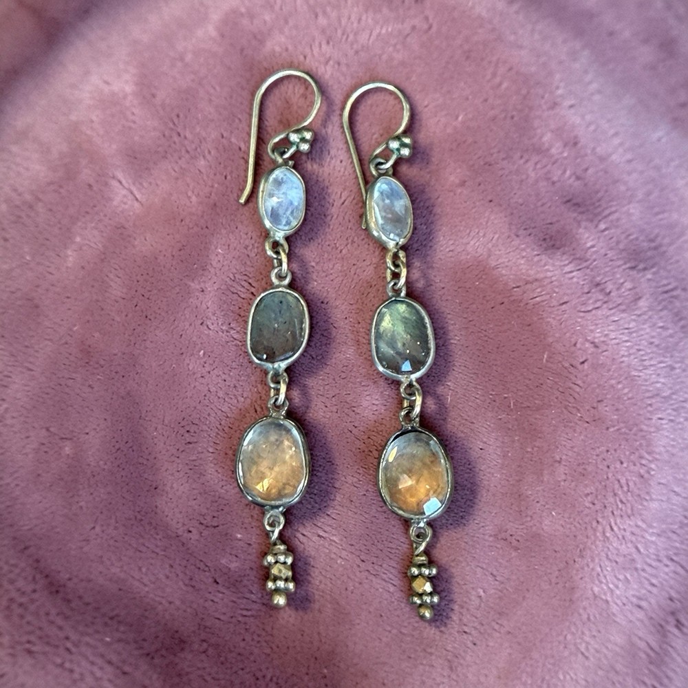 VINTAGE FACETED MOONSTONE RUTILATED & CLEAR QUARTZ LONG DROP DANGLE EARRINGS