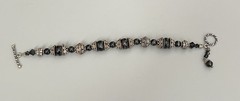 Vintage Silver Tone Metal & Onyx Black Beaded Toggle Bracelet Detailed 7”
