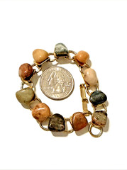 Vintage Semi Precious Stone Bracelet Polished Agate Gold Tone Links Statement 7″