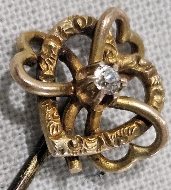 Antique Victorian Tested 10k Gold & Real Diamond Triple Heart Hat Pin Read Read