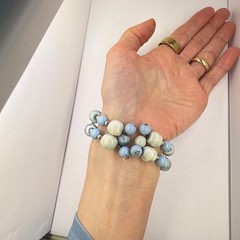Beaded Memory Wire Bracelet Pastel Blue Pale Green Silver Beads Gift Box 1950s