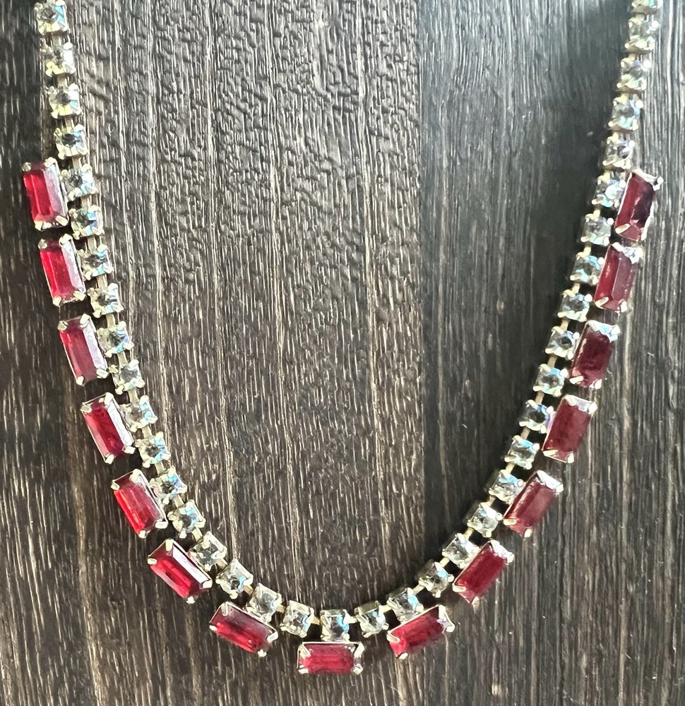 Vintage Rhinestone Necklace Red Baguette Clear AB Crystals Gold Tone 15” Choker