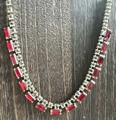 Vintage Rhinestone Necklace Red Baguette Clear AB Crystals Gold Tone 15” Choker