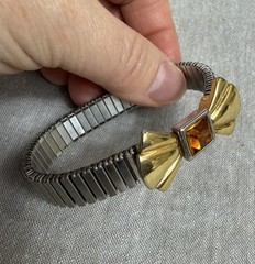 Vtg Two-Tone Bow Expandable Bracelet w/Amber Rhinestone Center Art Deco Style