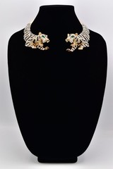 Statement Double Tiger Choker Necklace Rhinestone Crystal Gold Tone Chunky Bold