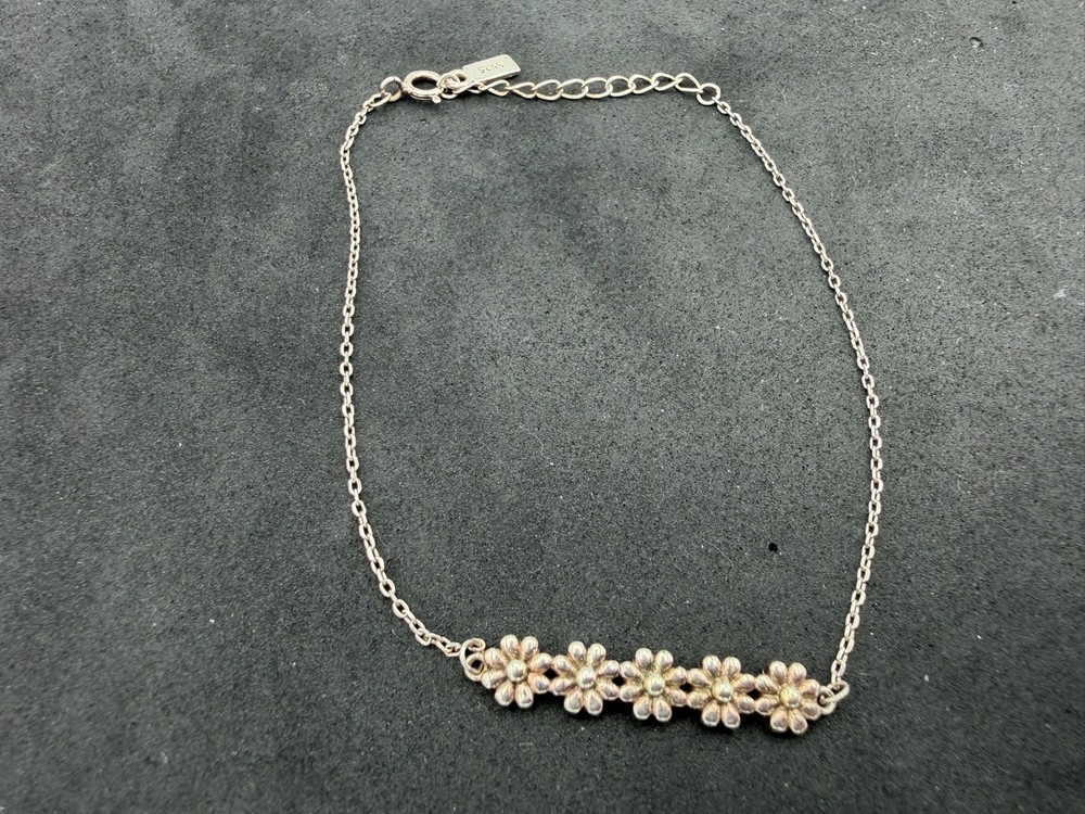 2.80g Vintage Sterling Silver 925 Flower Chain Bracelet Adjustable 8.5 in M